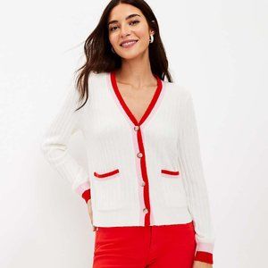 Loft Tipped Soft Pink Red Puff Sleeve V-Neck Cardigan NWT!
